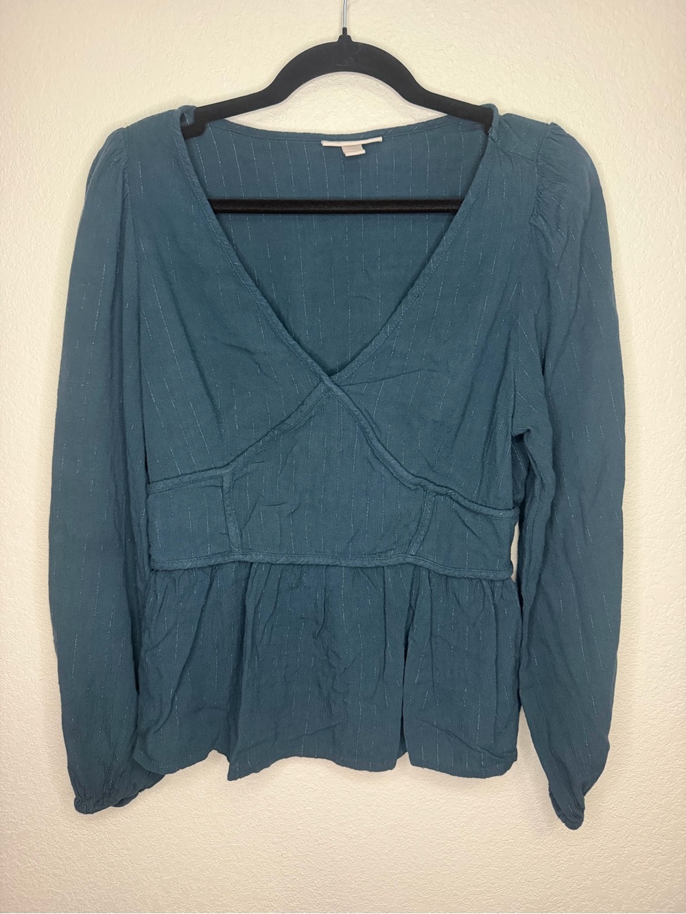 Knox Rose Large Teal Metallic Pinstripe Long Sleeve Boho Surplice Peplum Top L